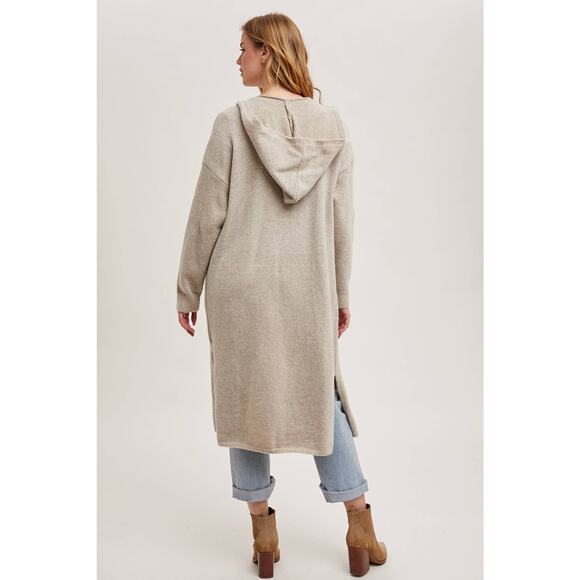 Longline Hoodie Drape Open Front Cardigan Coatigan Oatmeal - Picture 6 of 8